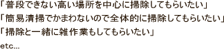 普段できない高い場所を中心に掃除してもらいたい、簡易清掃でかまわないので全体的に掃除してもらいたい、「掃除と一緒に雑作業もしてもらいたい、etc...